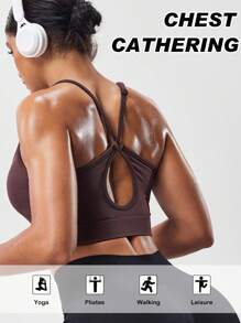 SHEIN Sports Women's Comfortable Brown Cropped Spaghetti Strap Sport Bra Top With Open-Back Lace-Up Detail For Yoga & Gym - Brown - View 1