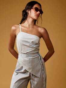 MISSGUIDED Elegant Striped One Shoulder Wrap Co-Ord Wide Leg Jumpsuit Resort Wear Summer Vacation Beach Party Evening Occasion Wear Contemporary Design