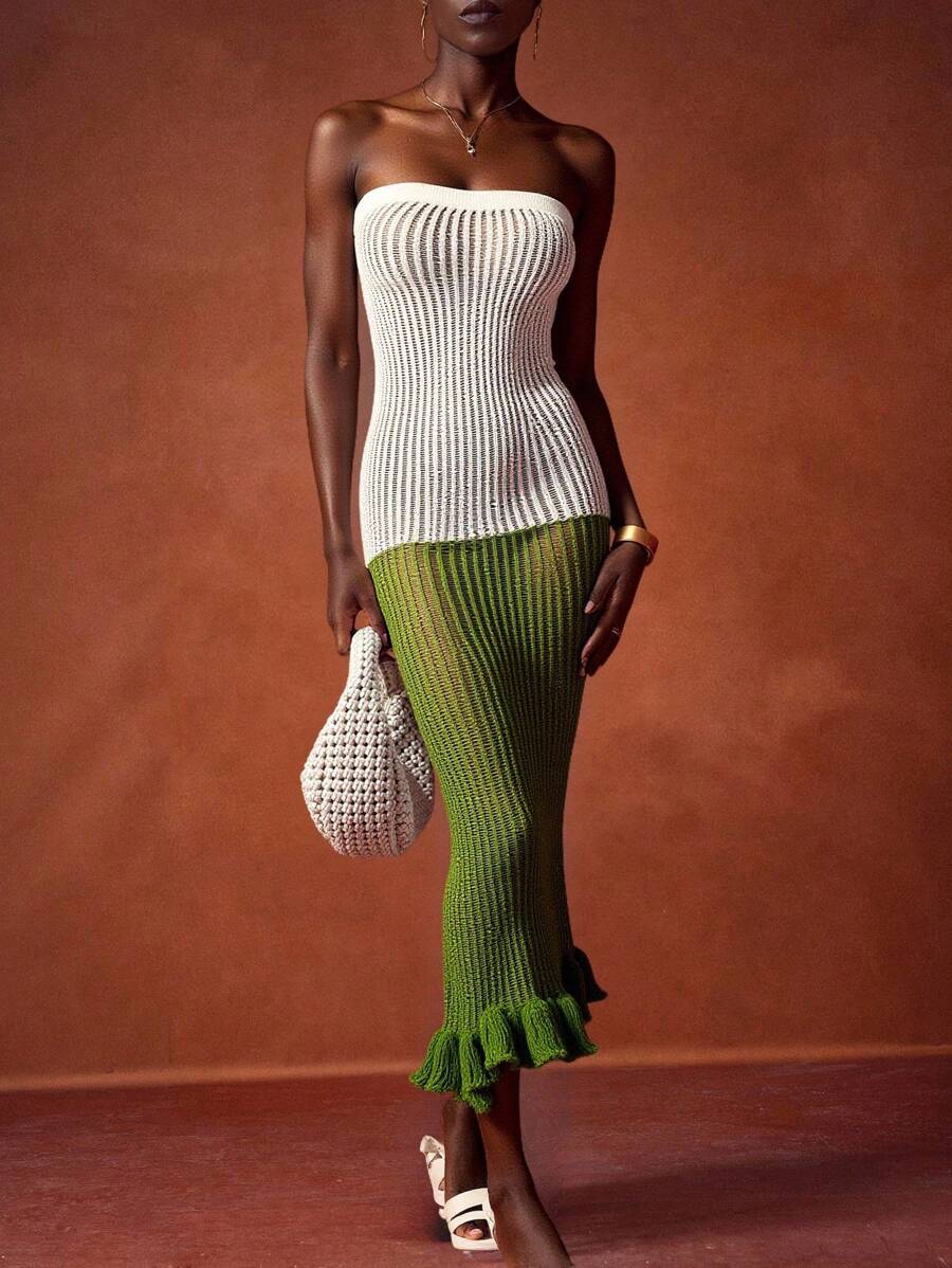 Zivah 2025新款夏季休闲度假沙滩度假日常约会辣妹风性感欧美女主针织镂空纹理感抹胸修身下摆垂坠染工艺白绿渐变钩编毛线裙长裙包臀裙修身裙女士毛衣连衣裙 - 白色 - 查看 1