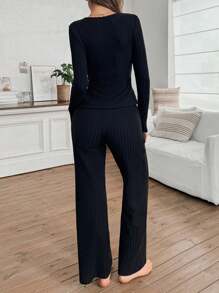 SHEIN 女士性感纯色蕾丝领长袖罗纹针织柔软舒适上衣和裤子睡衣套装，秋冬服装 - 黑色 - 查看 2