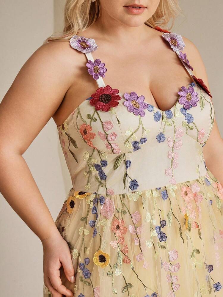 Plus Size Women Long Strap Dress With Embroidered Floral Decor, Elegant And Versatile Formal Dress