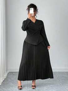 Elenzga Plus Size Women Spring/Autumn 2pcs Set: Simple Solid Color Lapel Collar Ruched Waist Blouse & Pleated Skirt - Black - View 4