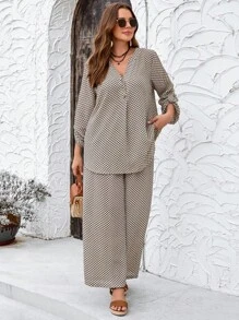 EMERY ROSE 秋季大码女式格子印花长袖衬衫和裤子两件套