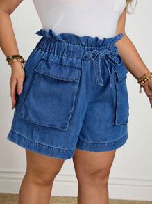 EMERY ROSE Pantalones cortos de mezclilla de talla grande para mujer con cintura fruncida, cordón y bolsillos grandes, para el verano - Azul lavado medio - Ver 6