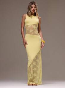 MUSERA 蕾丝拼接露背修身长裙，奶油黄，优雅场合：生日、度假、赛马会、派对、春夏长裙、毕业舞会 - 淡黃色 - 查看 3