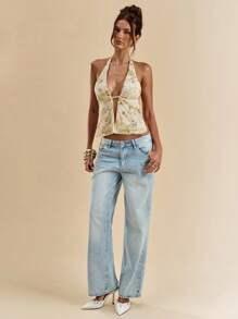 SHEIN BAE Débardeur à fines bretelles pour femmes en jacquard pailleté bleu, top de plage, débardeur perlé à fleurs, débardeur dos nu, top d'été - Nude - Voir 5