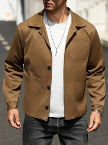 Manfinity Homme Men's Casual Solid Color Long Sleeve Single-Breasted Shacket With Multiple Pockets, Brown Jacket For Men, Men Shacket, Tan Jacket Men, Fall Men S Tops - Coffee Brown - View 1