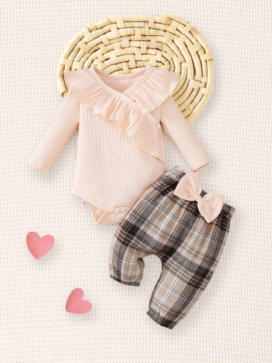 SHEIN Baby Girl Cute And  Ruffle Bodysuit With Checkered Bowknot Pants Set, Spring/Fall, With Headband - Multicolor - View 1