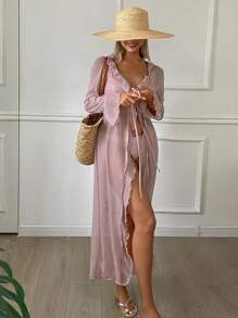 DAZY 1pc Women Solid Color Ruffle Trim See-Through Long Coverup Vacation - Pink - View 5