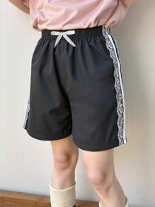 Genkimix Kids Pantalones cortos deportivos anchos de estilo suelto con parches de encaje, versión coreana de moda casual para niñas preadolescentes en verano