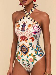 Travachic Traje de baño de una pieza con cuello halter y estampado floral para mujer