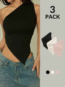 SHEIN PETITE paquete de 3 piezas de tops de tirantes asimétricos en rosa, negro y albaricoque para mujer, adecuados para el verano