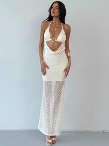 Aloruh Vestido longo feminino sexy com decote profundo e costas nuas, verão - Damasco - Ver 3