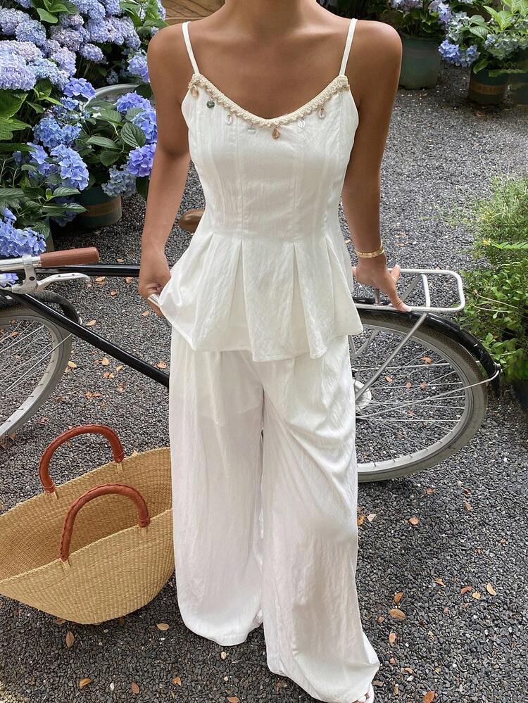 Women's Bohemia Style Beaded Decorated Camisole Top And Loose Casual Palazzo Pants 2 Pieces Vacation Outfit