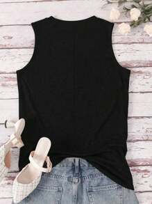 SHEIN Unity 女式夏季休闲圆领海龟印花背心 - 黑色 - 查看 2