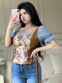 Modelyn 女士优雅拼色提花交叉系腰衬衫，夏季 - 藍色 - 查看 4