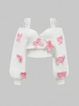 Kawaii Französischer Lässig Sexy Spitzen Träger Tiefer V Ausschnitt Einschultrig Schleife Pullover in Größen für Mollige