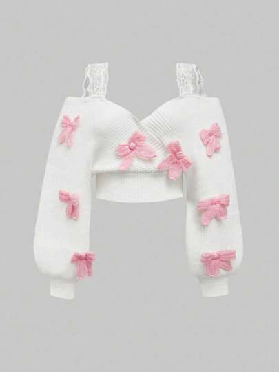 Kawaii French Casual Sexy Lace Strap Deep V One-Shoulder Bowknot Plus Size Pullover Sweater, Plus Size