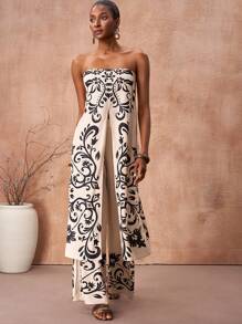 Zivah 2025 Spring & Summer New Music Festival, Western Style, Nomadic Style, Student Daily Wear, Casual, Vacation, Cruise Travel, Beach, Sunbathing, Fashionable, Elegant, Curly Grass Print, Retro Pattern, Symmetrical Floral, Strapless Slit Back Tie Long Top And Wide Leg Pants, Khaki & Black Floral Print, Women 2 Pieces Set - A