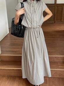 DAZY Set de 2 piezas: Top con cuello de polo y mangas abullonadas y Falda larga para mujer - Beis - Ver 1