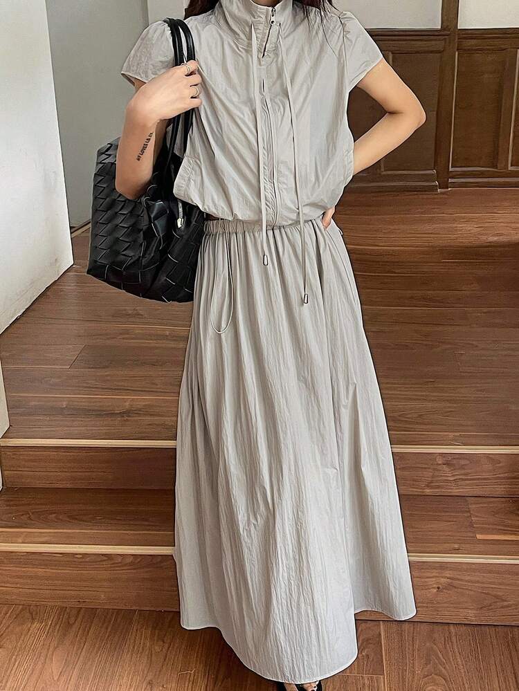 2pcs/Set Women Polo Collar Puff Sleeve Top And Long Skirt