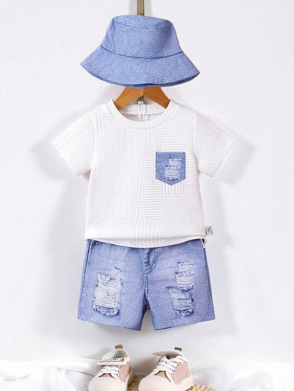 SHEIN Conjunto de camiseta casual de textura para bebé niño, pantalones cortos de mezclilla con sombrero de cubo, conjuntos de moda de estilo callejero
