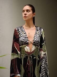 Sunsella Black Satin Print Deep V Neck Long Sleeves Maxi Dress For Summer Vacation Holiday Beachwear Resort Wear Vacation Outfits Old Money - Multicolor - View 6