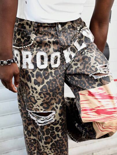 Street Life Men's Casual Everyday Leopard Print Letter Embroidery Distressed Loose Fit Jeans
