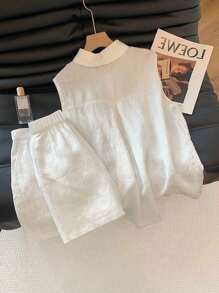 Everyssa 2 chiếc/Bộ thời trang mới thường ngày thêu họa tiết áo sơ mi không tay + quần short cho nữ - trắng - Xem 2