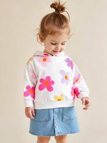 SHEIN Playful Pals 寶寶女孩休閒運動彩色花卉圖案帽衫，帶帽長袖衛衣，適用於日常穿著和外出活動