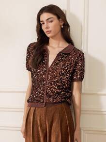 Briarwyn Áo len tay ngắn đính sequin thời trang cho nữ trang phục hẹn hò phong cách cổ điển cho phụ nữ - Cà phê nâu - Xem 2