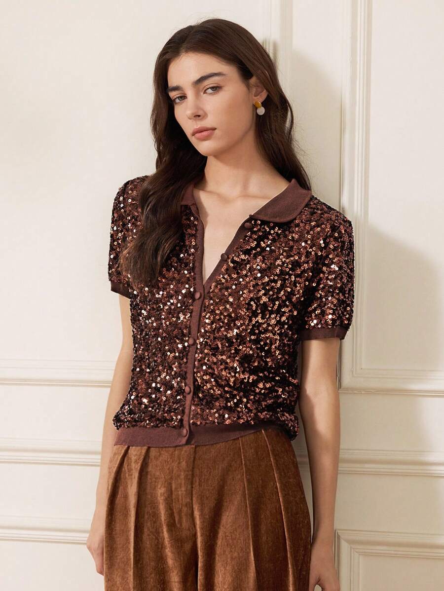 Briarwyn Áo len tay ngắn đính sequin thời trang cho nữ trang phục hẹn hò phong cách cổ điển cho phụ nữ