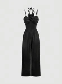 SHEIN MOD Women's Black Summer Elegant Dinner Date Solid 3D Floral Decor Ruffle Wide Leg Jumpsuit With Straps,Old Money Style Classy Office Attire Beach Outfits - Black - View 1