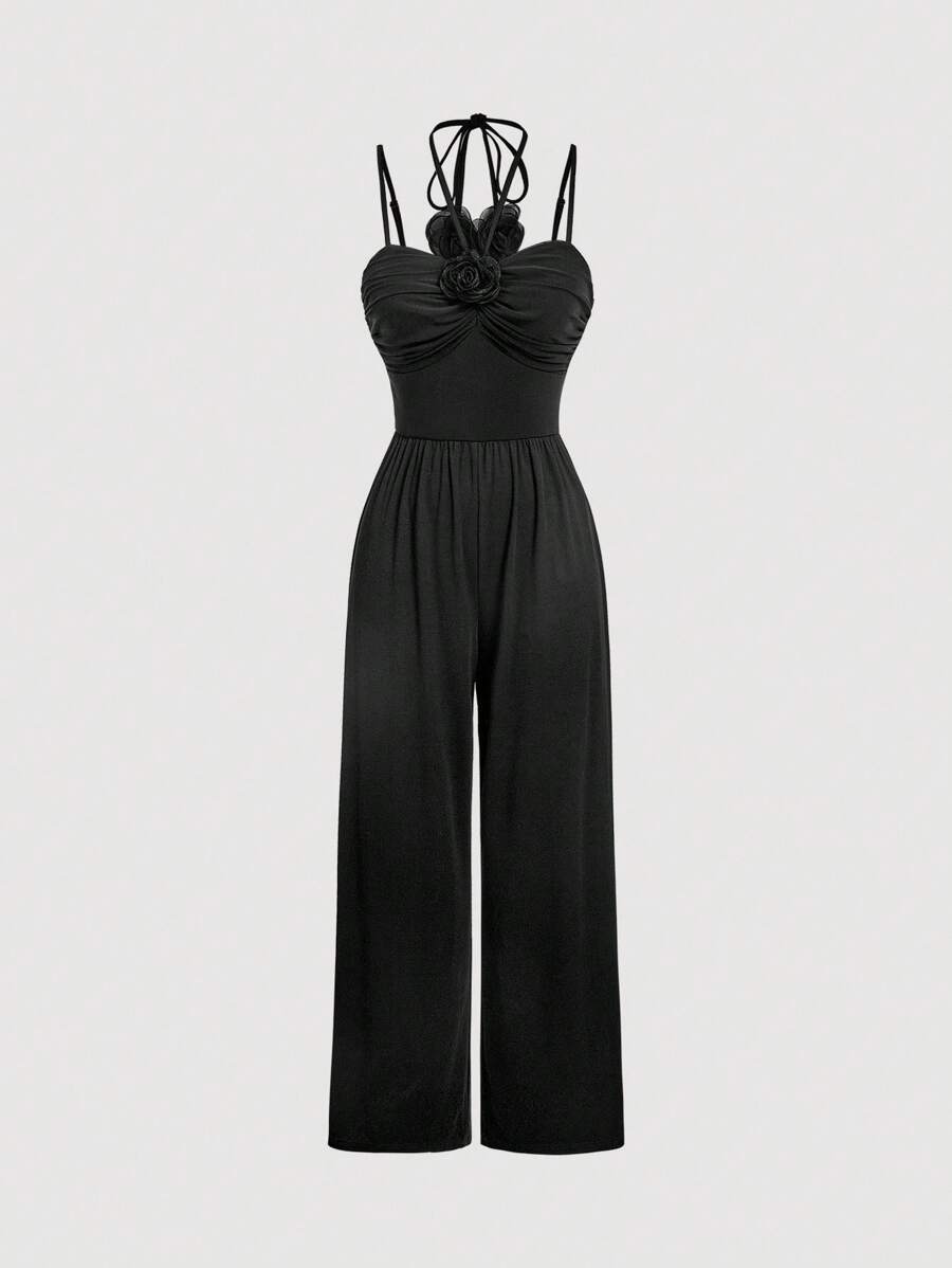 SHEIN MOD Women's Black Summer Elegant Dinner Date Solid 3D Floral Decor Ruffle Wide Leg Jumpsuit With Straps,Old Money Style Classy Office Attire Beach Outfits - Black - View 1
