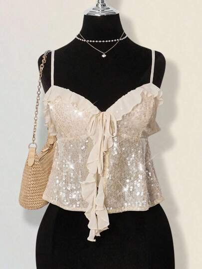SHEIN ICON Débardeur court en mousseline de soie à encolure dégagée, effet sequins et volants, style versatile et sexy pour femmes