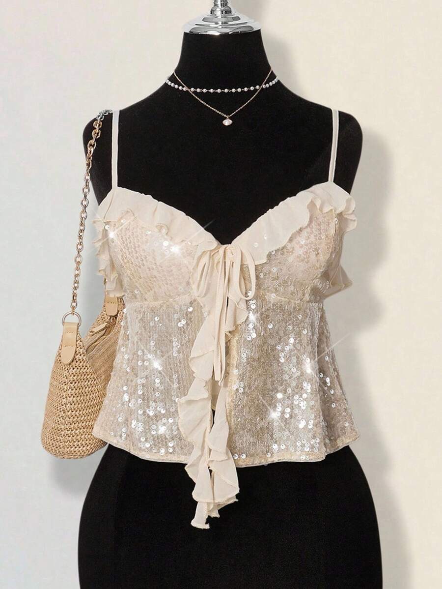 SHEIN ICON Women's Sexy Versatile Shoulder-Exposing Sequined Splicing Chiffon Cropped Sleeveless Camisole Sheer Ruffle Hem Top Sequin Top Glitter Top Sparkly Top Bling Top Ruffle Top - Apricot - View 1