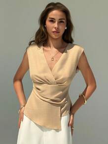 Aloruh New Minimalist Apricot V-Neck Sleeveless Gathered Waist Slim Fit Pullover Blouse, Versatile Commuter Style