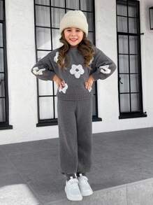 LMoss Kids 2pcs White Crochet Floral Pattern Sweater Top And Pants Knit Set For Young Girl, Warm And Comfortable Fall Clothes,Great For Casual & Daily Wear & School Daily In Autumn & Winter, For Christmas, Girls Winter Clothes,Christmas Clothes, Party Wear, Daily Wear School Daily, Birthday Clothes, Princess Clothes,Mom And Daughter & Sisters Matching,