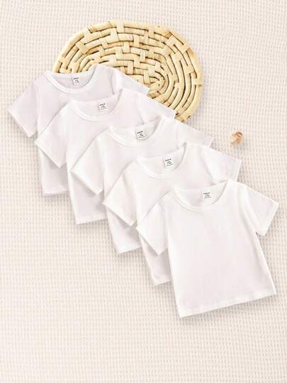 SHEIN Baby Boy Simple And Comfortable White Short-Sleeved Top 5-Piece Set For Spring/Summer