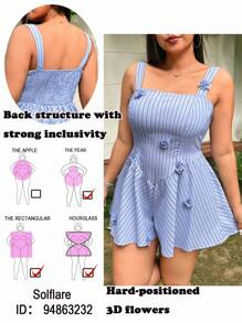SHEIN EZwear Plus Size Casual Adjustable Strap Floral Embroidery Striped Jumpsuit, Suitable For Everyday, Going Out, Dates, Vacation - Multicolor - View 1
