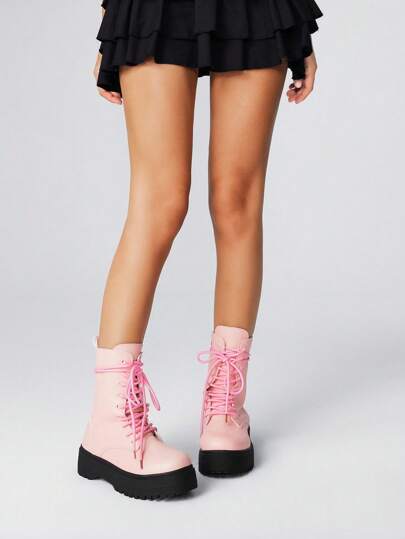 Kawaii Botas de tobillo y botas cortas rosas de PU para mujer, lindas y divertidas, adecuadas para uso diario y campus