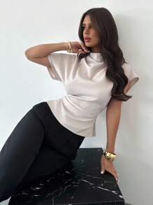 Firerie Blusa de lino y fibra de bambú beige para uso diario, ideal para cualquier temporada, con cuello arrugado, mangas asimétricas y fruncido lateral en la cintura. - Albaricoque - Ver 5