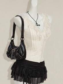 SHEIN ICON Y2k Women's Western Country Concert Boho Hippie Beige Goth Open Front Sleeveless Lace Trim Top, Y2k Tops - Beige - View 7