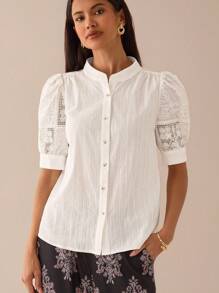 Lilora Women's Casual Summer Hollow Out Puff Sleeve Single Breasted Shirt Urban Style Urban Leisure, Romantic And Elegant, Going Out