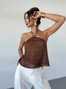 Firerie Women Elegant Fashion Vacation Beach Date Night Sexy Y2k Vacation Boho Fine Shimmer Fabric Spaghetti Strap Beaded Draped Collar Brown Backless Halter Top For Graduation Back To School Music Festival Teachers Sexy Music Festival Beach, Bohemian, Hawaiian - Mocha Brown - View 6