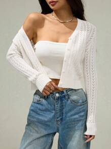 SHEIN PETITE Áo len cardigan dài tay đơn giản màu trơn cho nữ, Áo len dễ thương, Áo len cắt ngắn, Áo len đan, Quần áo thu đông, Váy vàng cho nữ, Áo dài tay - trắng - Xem 5