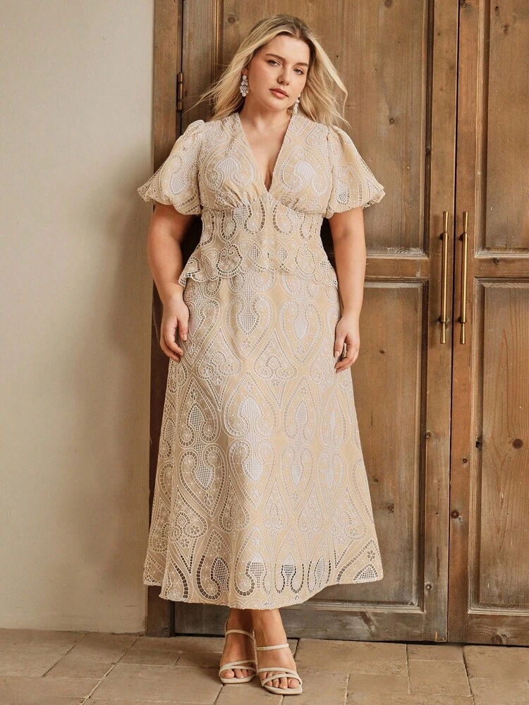 New Embroidered Hollow-Out V-Neck Patchwork Long Dress, Elegant, Modest, Suitable For Spring And Festivals, Plus Size
