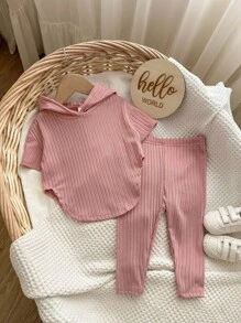 可愛簡約純色短袖連帽上衣和彈性腰長褲套裝，適用於女寶寶