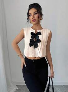 Elenzga Camisa informal sin mangas con decoración de lazo, simple y versátil