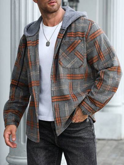 Manfinity Homme 加大码男士格子单排扣休闲连帽大衣，秋冬款